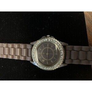 Brown Watch Rhinestone Gold Tone Bezel Working Silicone Band